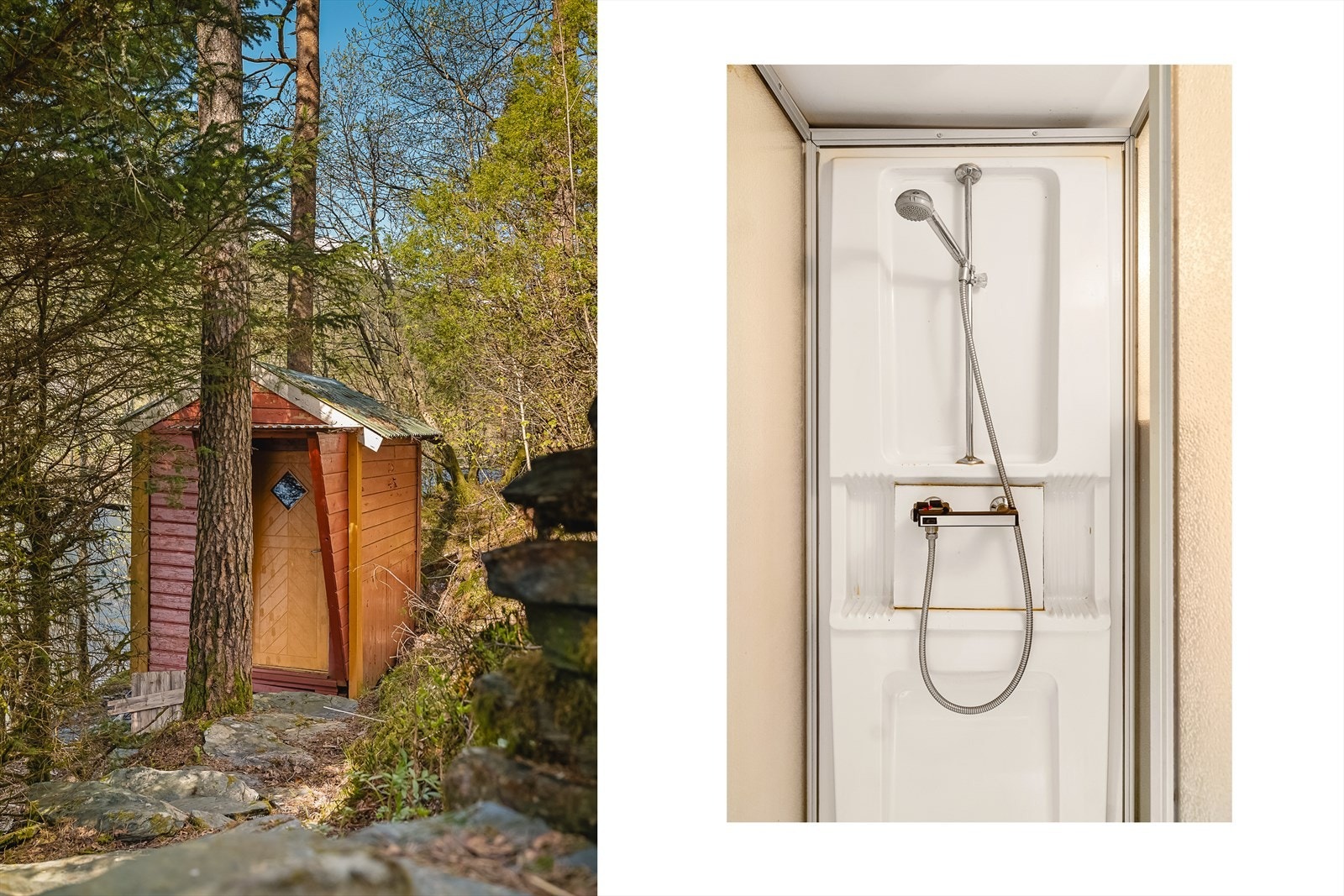 Hytta har et eget uthus med dusj. Her er også trykktank som sørger for vann i boligen. Galleribilde