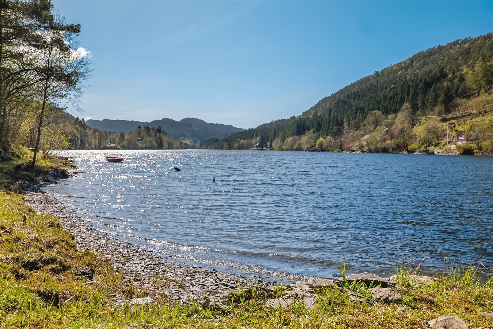 Hytta har en egen strandlinje, en perle på varme sommerdager. Galleribilde