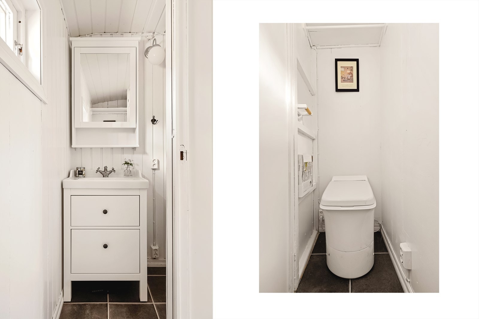 Badet er innredet med servant med møblement og speilskap, samt et forbrennignstoalett. Galleribilde