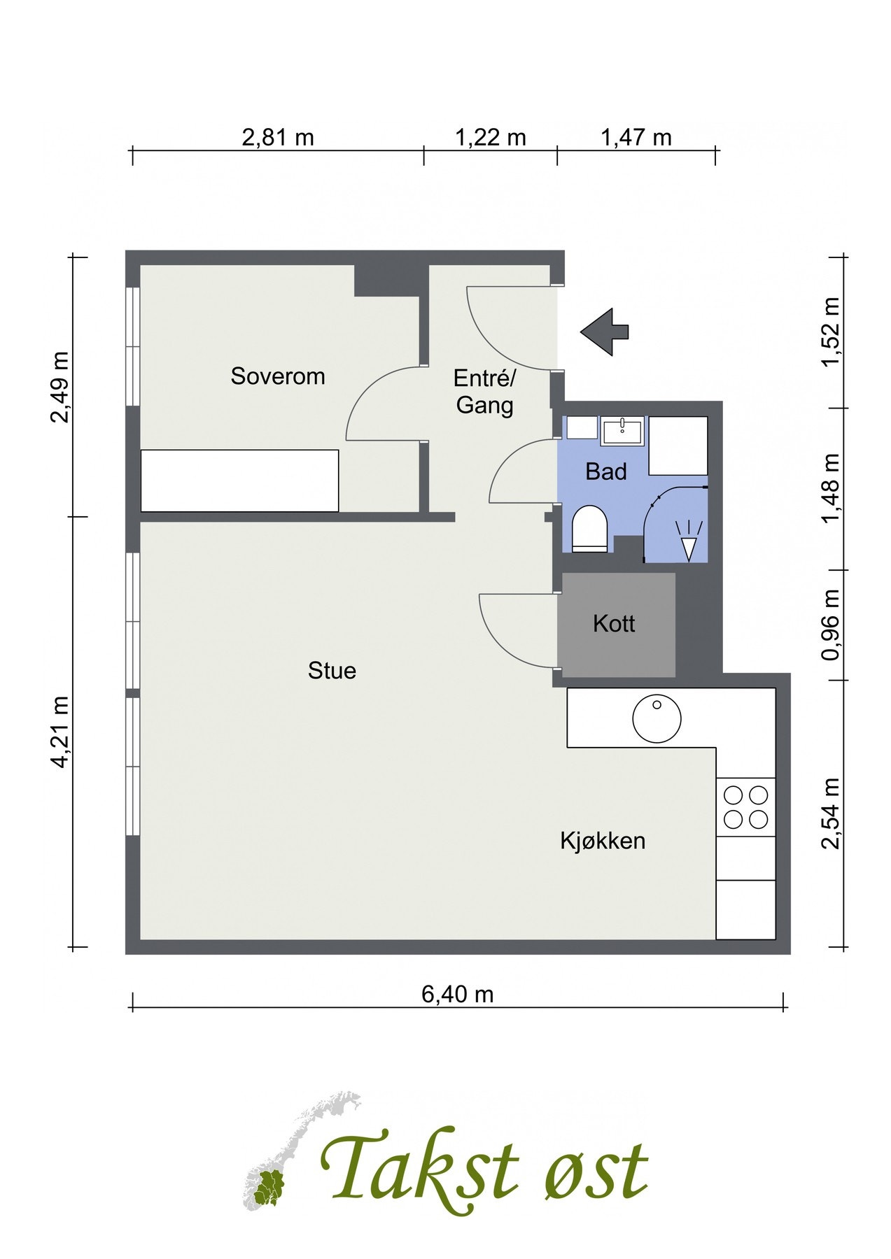 Plantegning. I tillegg disponerer leiligheten en kjellerbod på ca. 3,7 kvm. Galleribilde