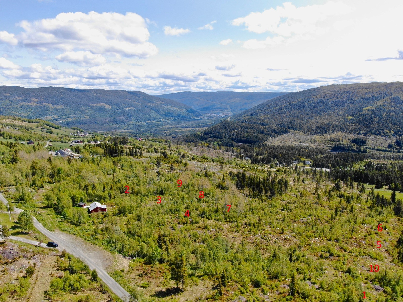 Tomter markert i terrenget. Dette kun for illustrasjon. Avvik vil forekomme. Galleribilde