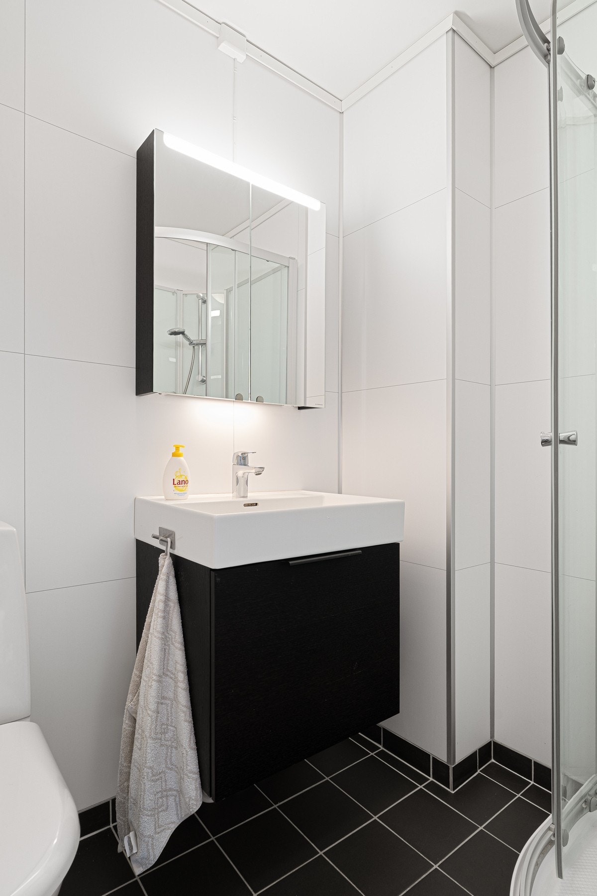 Utstyrt med servant i skap, toalett og dusjkabinett. Galleribilde