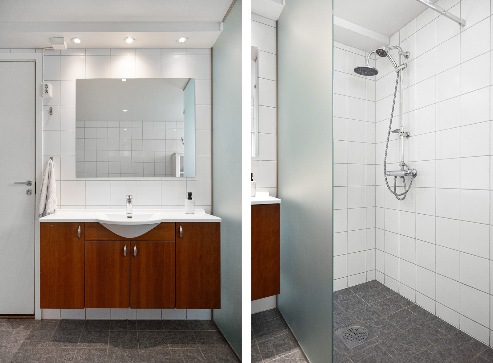 Moderne og funksjonelt helfliset bad med innfelte downlights i himling og varmekabler i gulv. Galleribilde