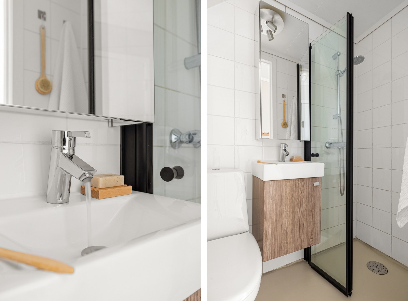 Badet har varmekabler på gulv og flislagte vegger. Plassbesparende dusjdør fra 2020 som kan foldes ut. Galleribilde