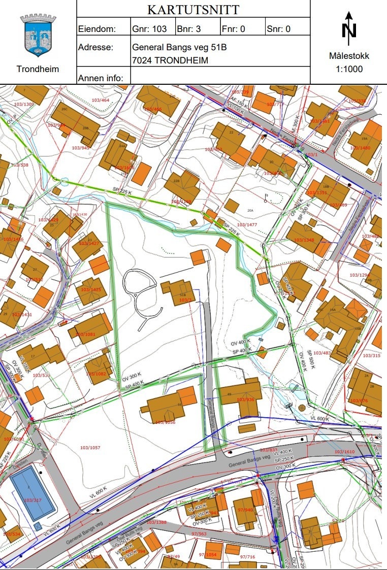 Utsnittskart fra kommunen - Eiendommen som er for salg er her "innrammet" i grønt. Galleribilde