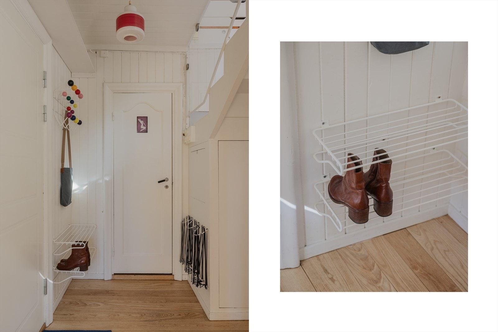 Velkommen inn i en trivelig entré med hvitmalt panel på vegger og praktiske løsninger. Galleribilde
