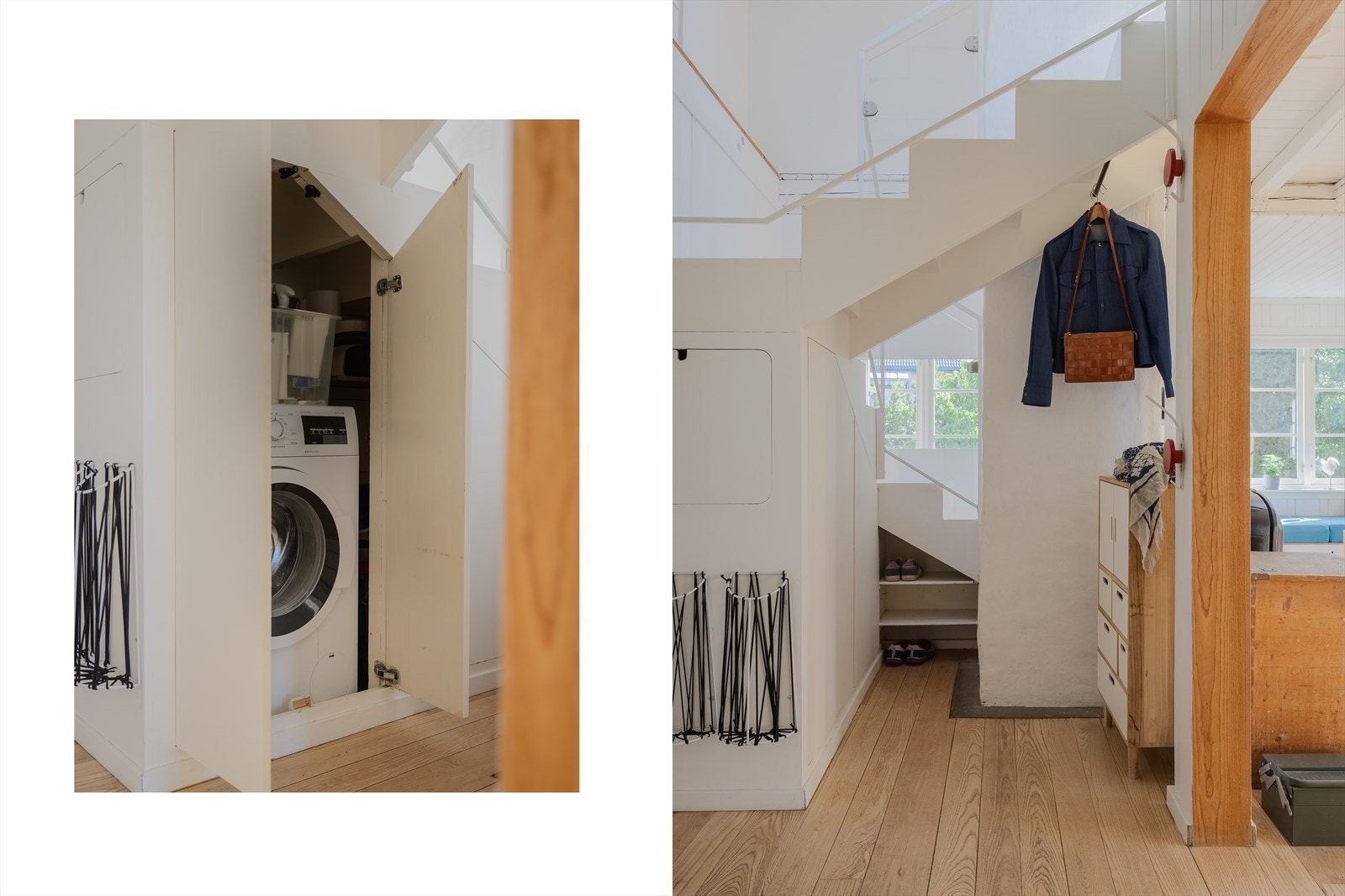 Det er plass til kommode under trapperommet, og et tilhørende kott gir ekstra lagringsplass og er klargjort med opplegg for vaskemaskin. Det er også mulig å sette vaskemaskin og tørketrommel i del av felles kjeller om ønskelig. Galleribilde