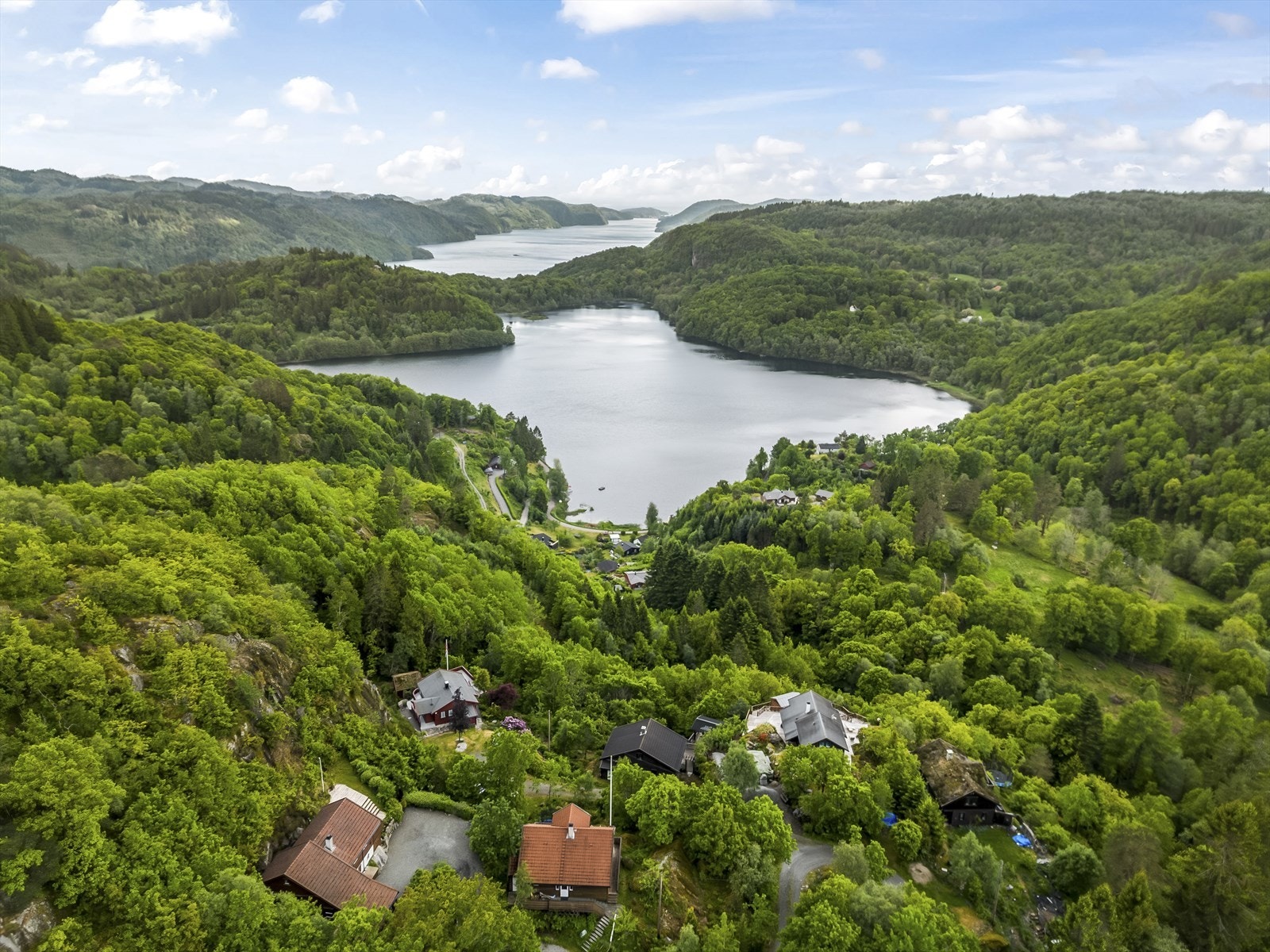 Flott utsikt over frodig landskap og sjø fra hytta som ligger i fremste rekke. Galleribilde