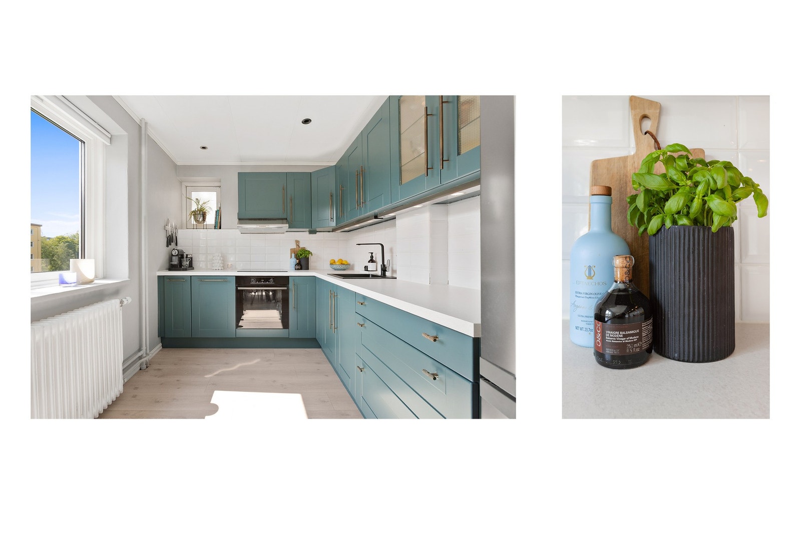 Stilren kjøkkeninnredning med praktiske og delikate fliser på vegg, og lekre detaljer i bronse. Galleribilde