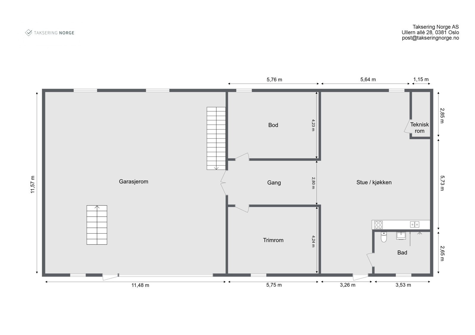 Plantegning 1. etasje for Garasje "låve" som viser dagens innredning - ingen rom i bygget er godkjent for varig opphold. Galleribilde
