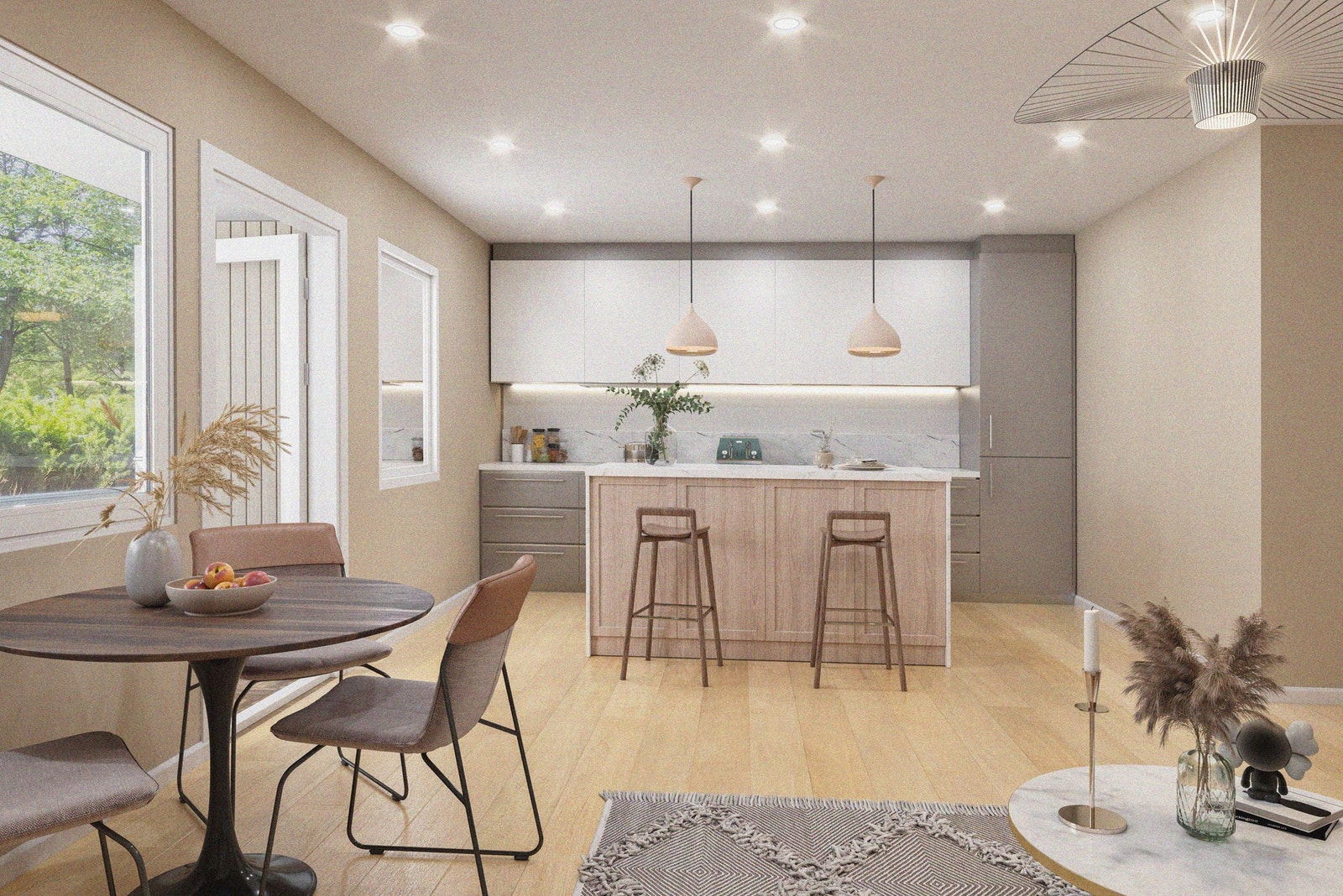 Illustrasjonsbilde av hvordan man kan åpne opp mellom stue og kjøkken. Kun ment som inspirasjon. Galleribilde