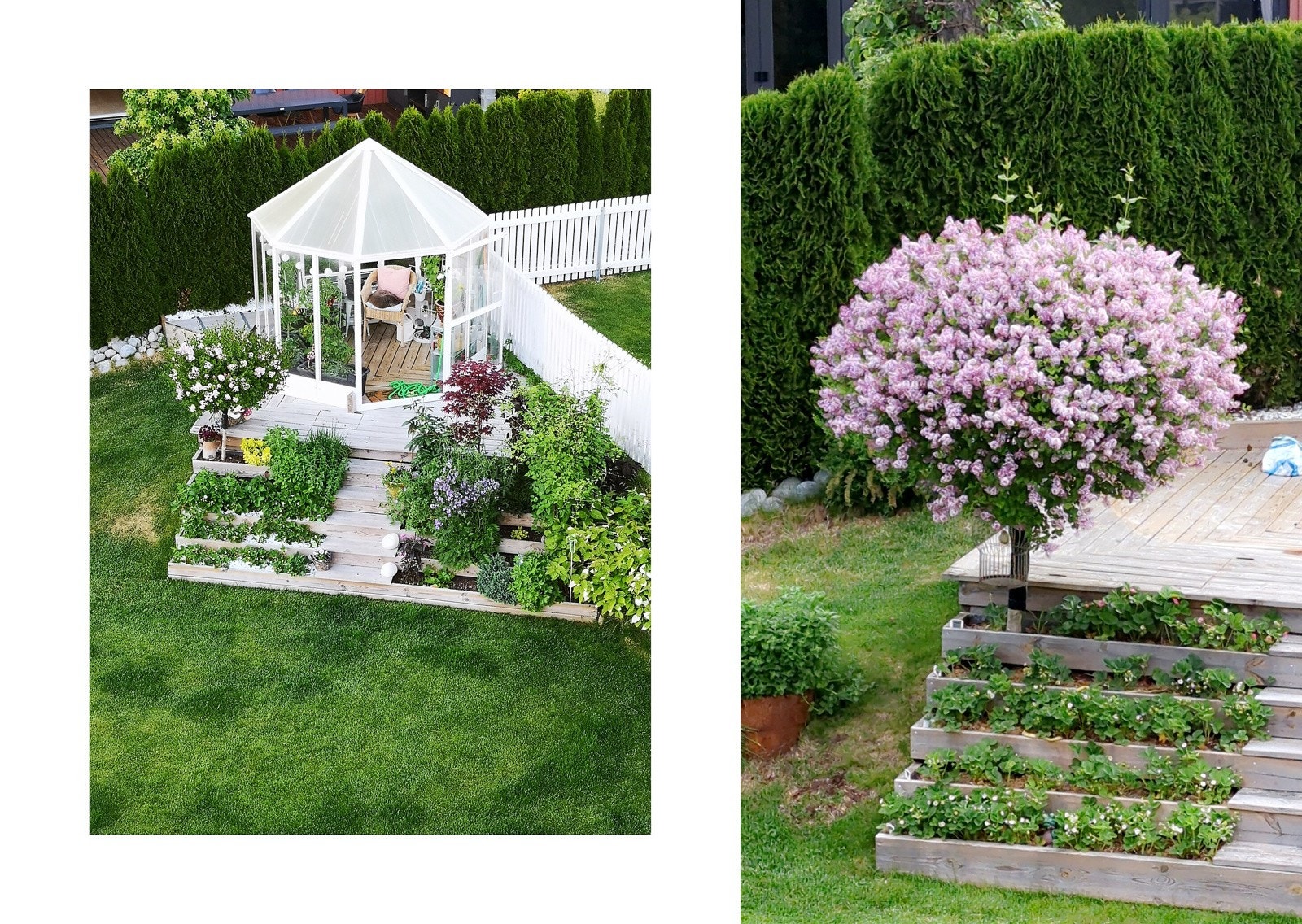 I hagen er det plass til feks drivhus på eget platå, med plassbygd trapp og bed for blomster. (Selgers egne bilder). Galleribilde