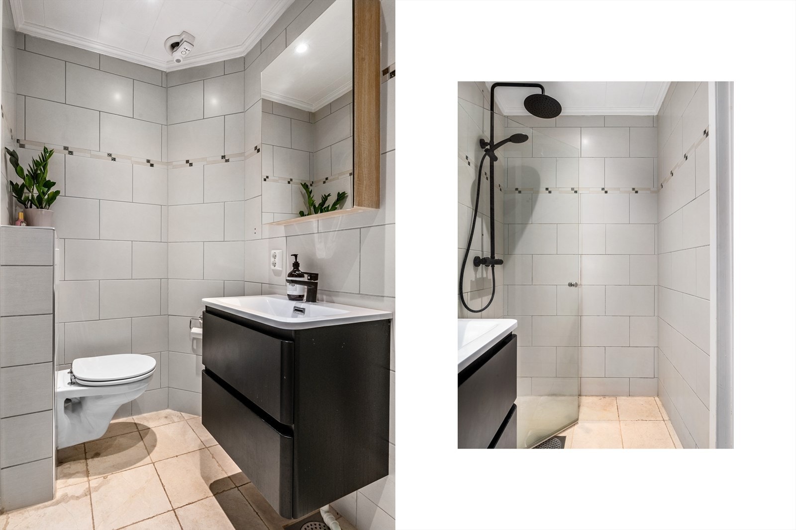 Delikat og moderne bad med flislagte overflater, varmekabler og dusjløsning med glassdører. Vegghengt toalett og stilren innredning gir et helhetlig og ryddig uttrykk. Galleribilde