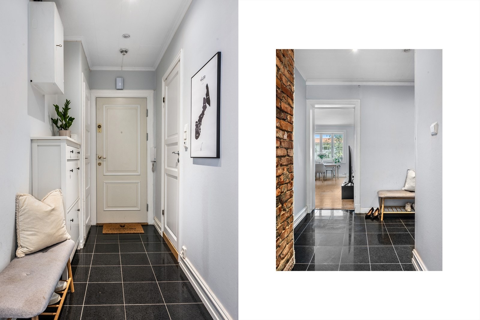 Lys og innbydende entré med flislagt gulv - både praktisk og pent. God plass til oppheng og oppbevaring. Galleribilde