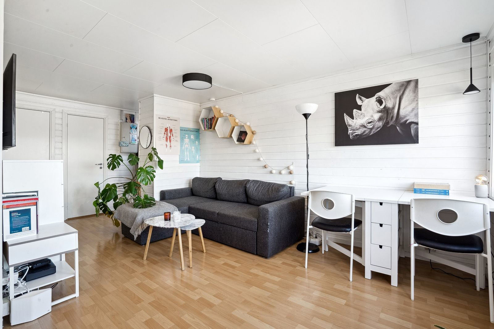 Stuen har åpen løsning med sofakrok, kontorløsning og kjøkken.