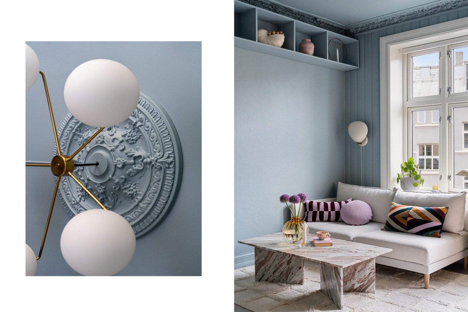 Takhøyden er god som byr på en luftig følelse. Lekker rosett i taket. Klassisk rosett i taket. Stuen er malt i en lekker og tidløs tone som komplimenterer de klassiske detaljene. Galleribilde