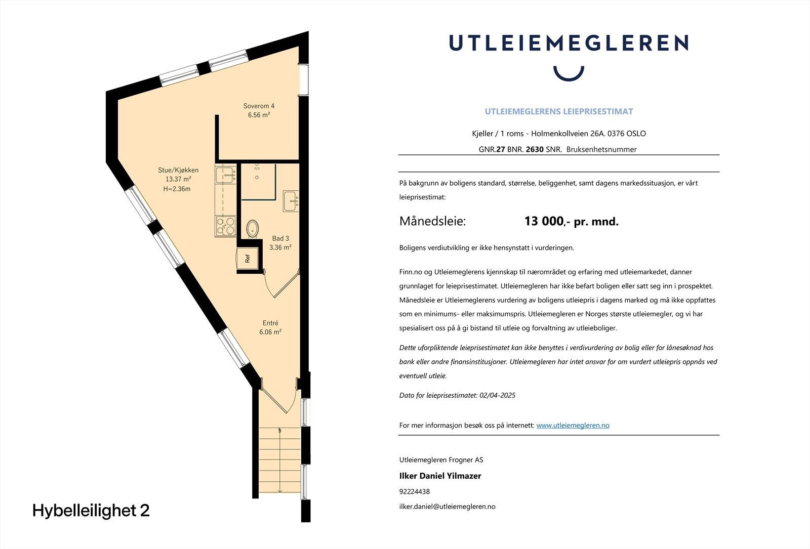Plantegning og estimert utleieverdi for hybelleilighet i kjeller. Galleribilde