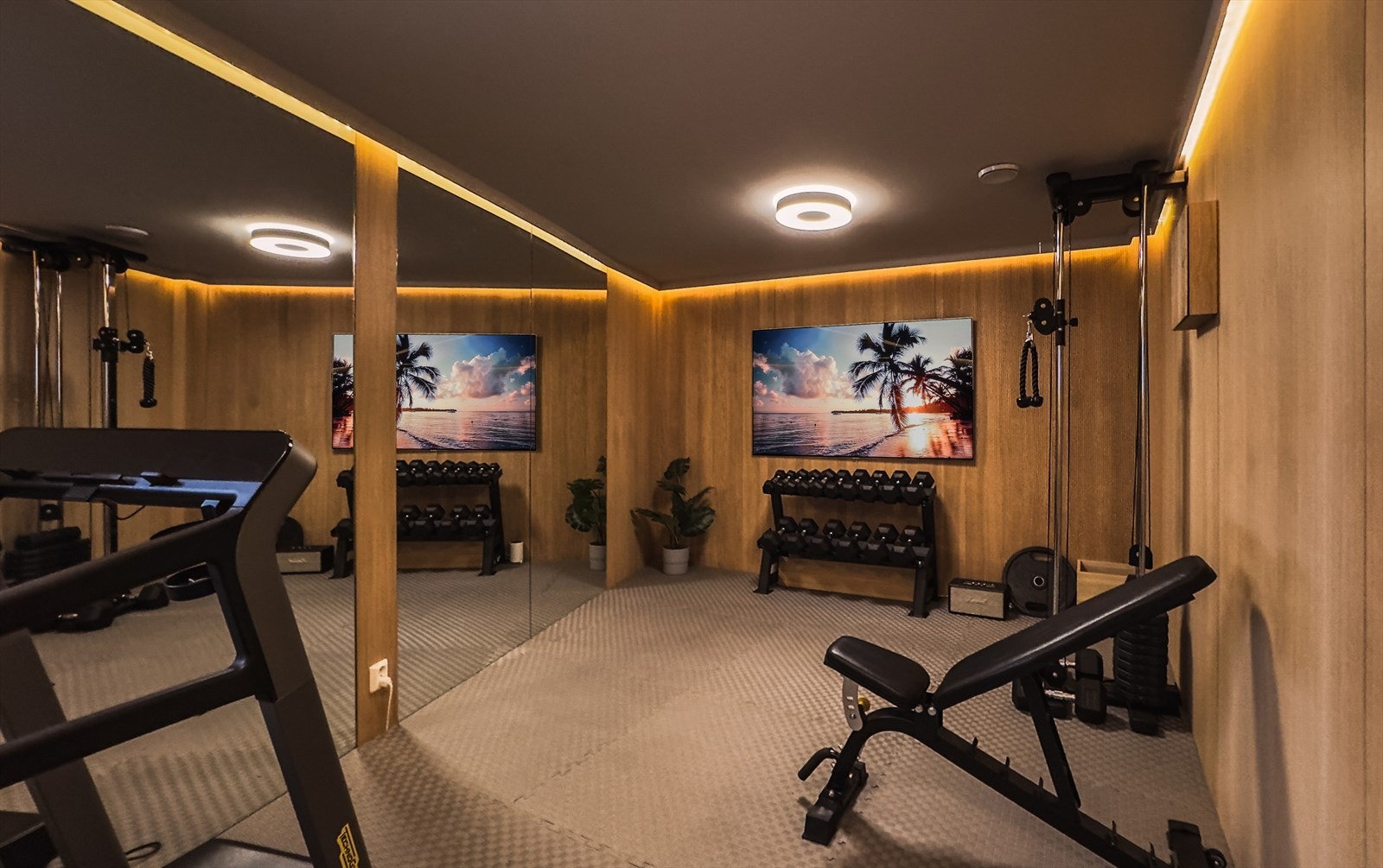 Treningsrom med eikefiner og rillet veggpanel fra Pertra AS. Balansert ventilasjon og myke treningsmatter gir god treningsopplevelse. God plass til utstyr. Galleribilde