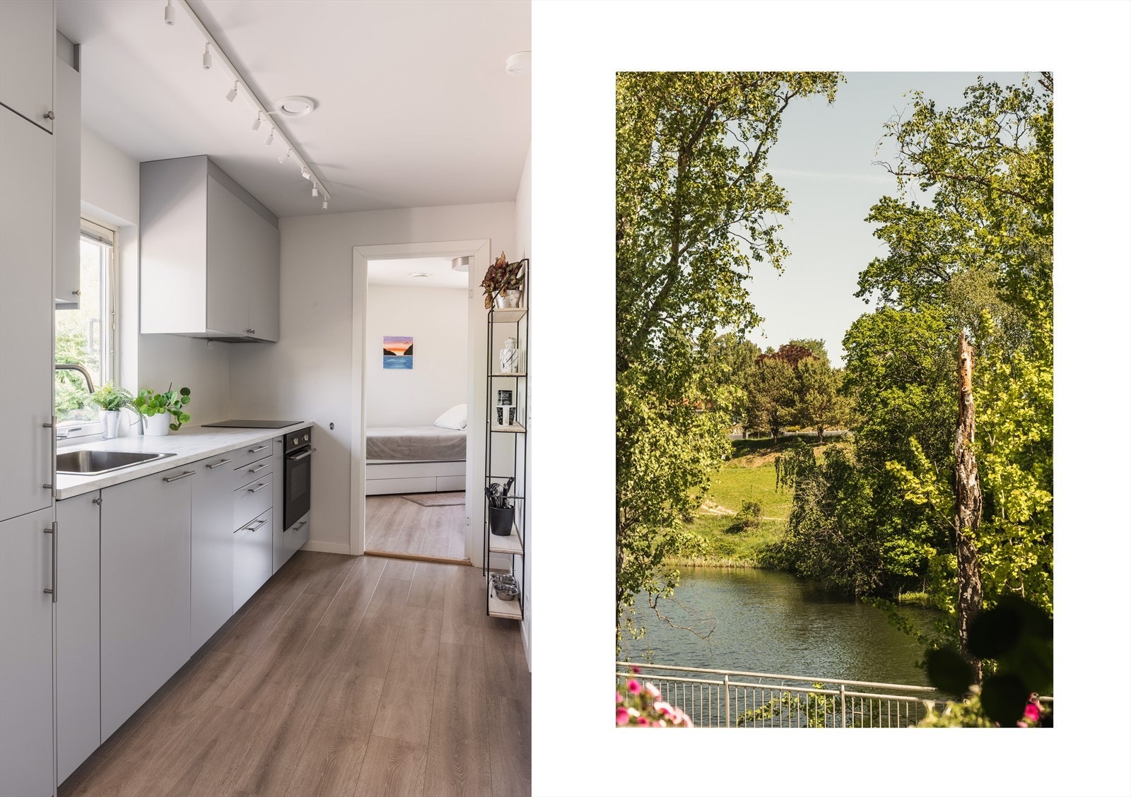 Ikea kjøkken med innholdsrik innredning, integrerte hvitevarer. God benkeflate for matlaging med utsikt til Holmendammen. Galleribilde