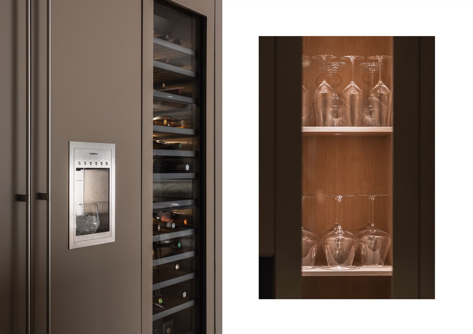 Gaggenau fryseskap i full høyde med både isbitmaskin og vanndispenser med iskaldt vann. Spesialbygde vitrineskap i eik med fin belysning gir fint lys og spill kveldstid. Galleribilde