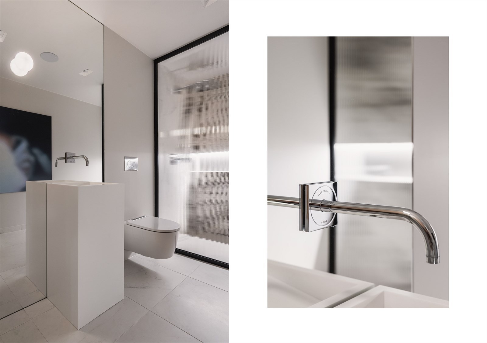 Servanten er spesiallaget og levert av Unique Desing Ideas UK i Corian, speil i full høyde med FLOS Glowball lampe, samt Axor Electronic armatur med bevegelsessensor. Galleribilde