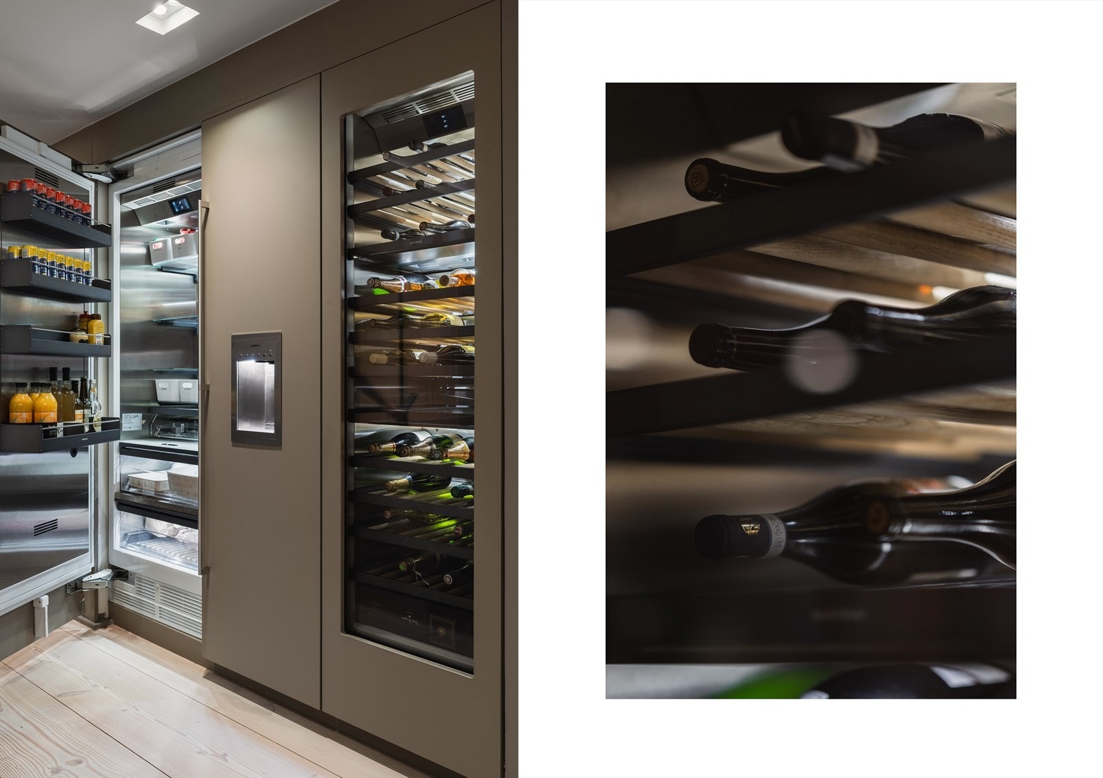 Gaggenau kjøleskap med 76 cm bredde og 213 cm høyde, ståldetaljer, glasshyller og fin belysning. Gaggenau vinskap med tre temperatursoner, eikehyller og integrert belysning. ´Push to open´ funksjon på de begge. Galleribilde