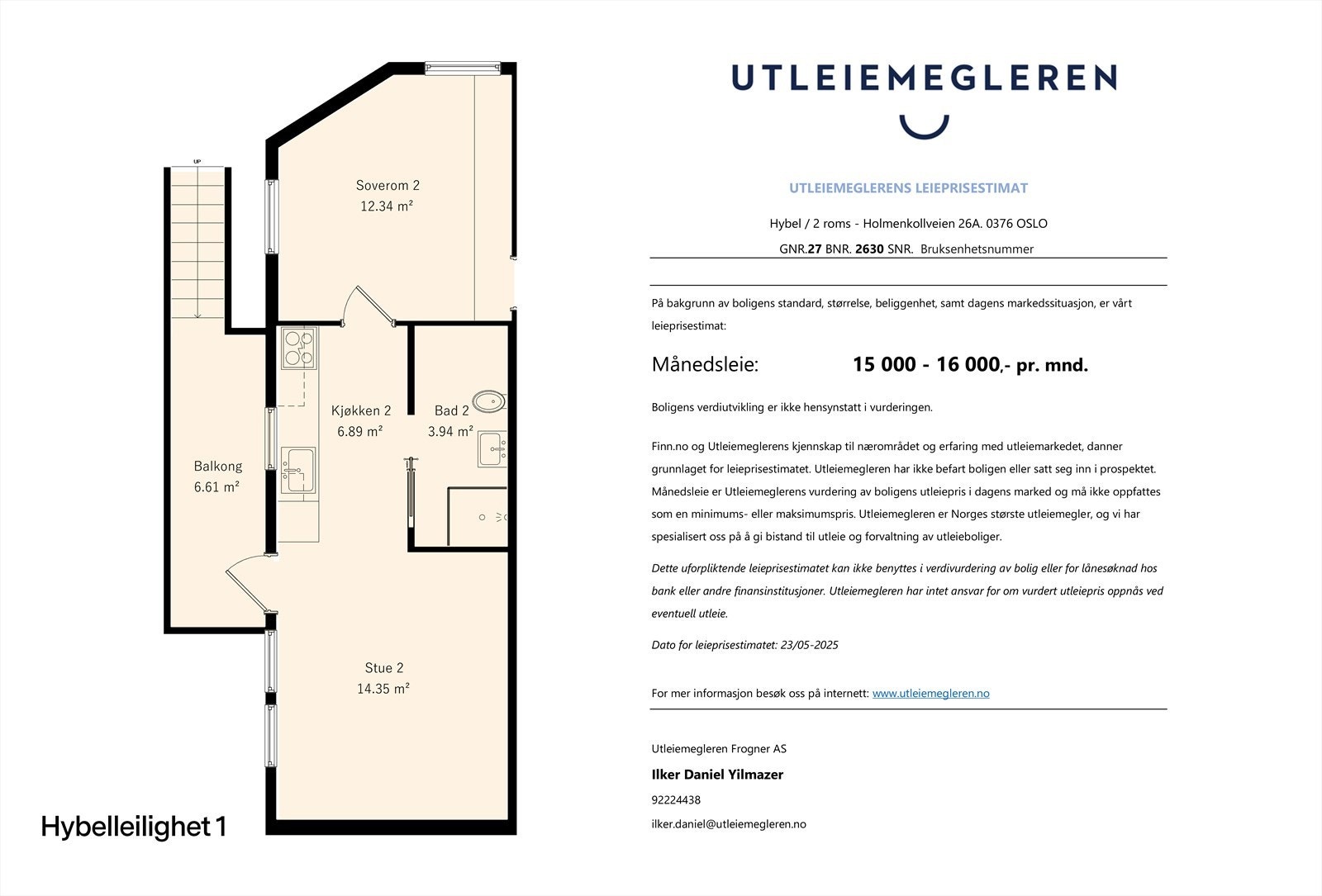 Plantegning og estimert utleieverdi for hybelleilighet i 1. etasje. Galleribilde