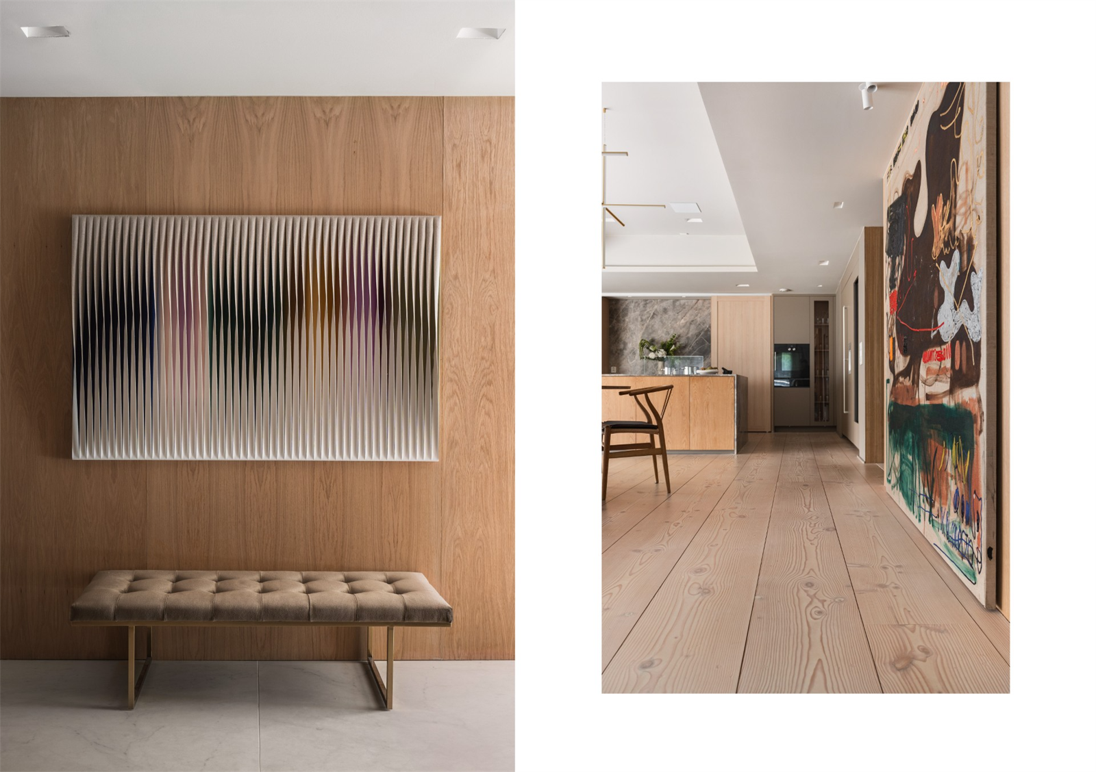 Entré med rillet eikefiner, buede vegger og store Calacatta-inspirerte fliser fra Marazzi på hele 240 x 120 cm. Galleribilde