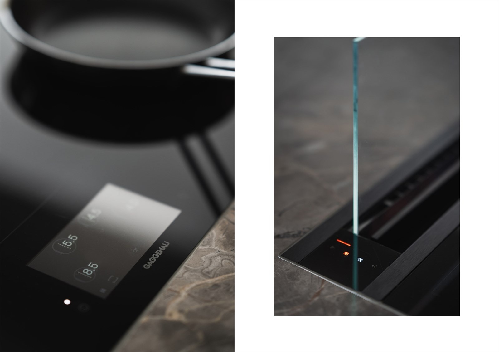 Gaggenau sonefri induksjonstopp. Innbygget ventilator med belyst glassplate i benk, heves ved bruk. Galleribilde