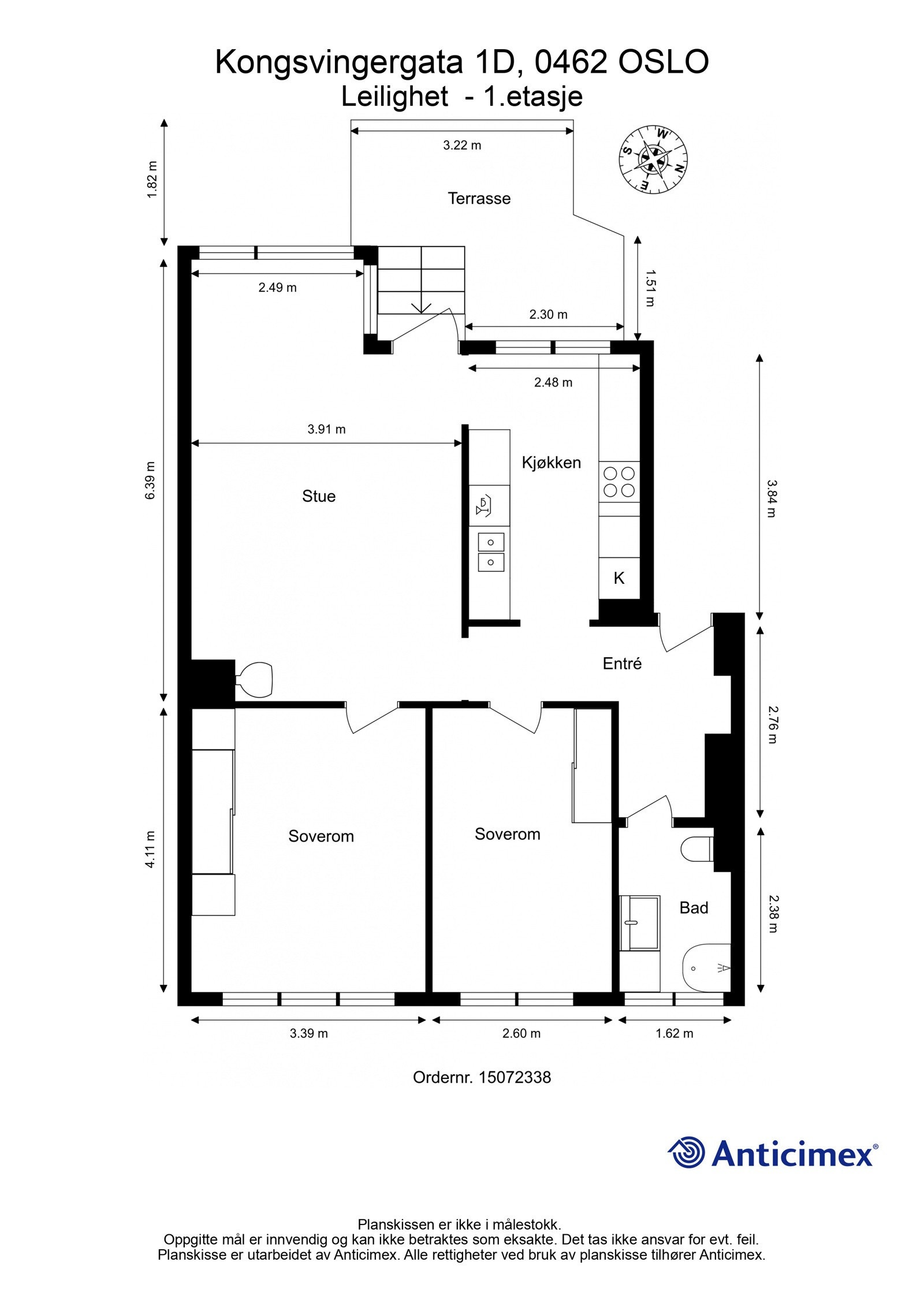 Plantegning 1. etasje. I tillegg disponerer leiligheten en loftsbod med gulvareal på ca. 14m², samt to kjellerboder på totalt ca. 7m². Galleribilde