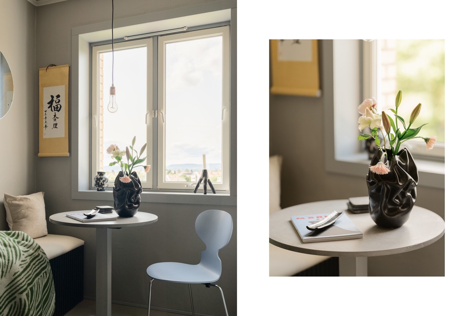 Det er ytterligere plass til en spisegruppe ved vinduet. Her kan du nyte en enkel frokost med en varm kopp kaffe og hyggelig utsyn. Galleribilde