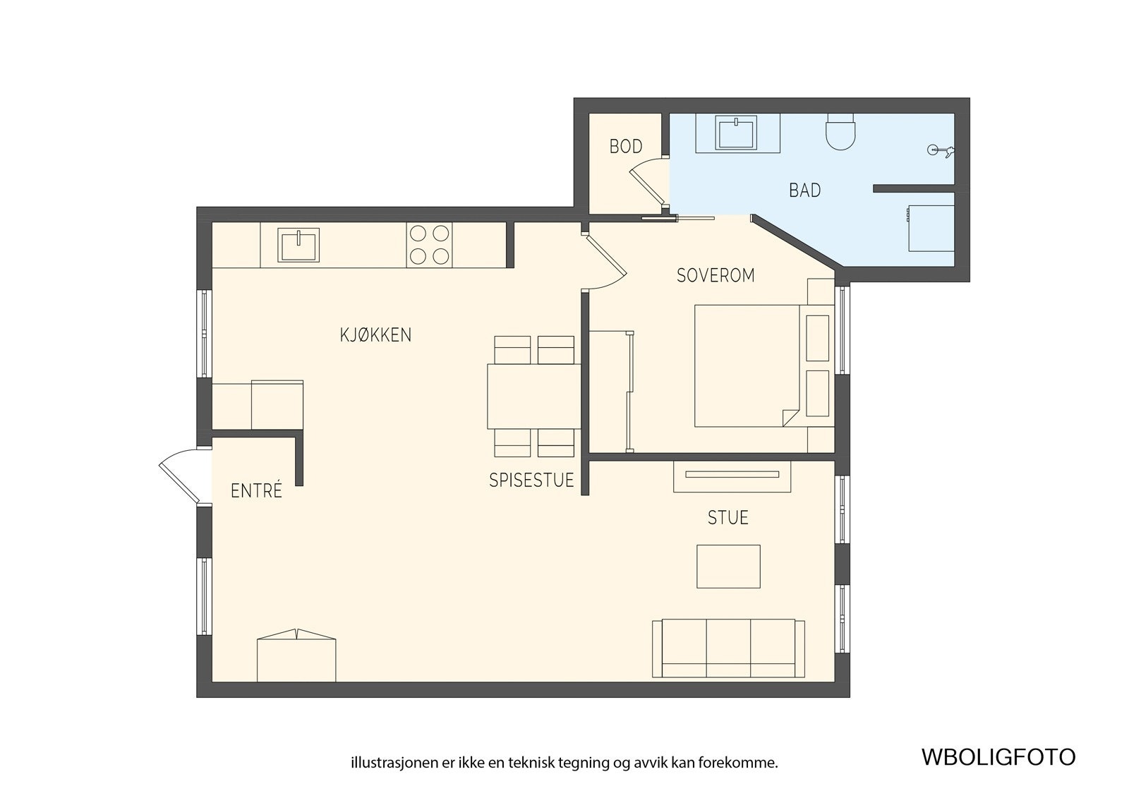 - Planløsning. Fra innvendig bod har man tilgang til kjeller, hvor leiligheten har en privat bod og tilgang til fellesbod - Galleribilde