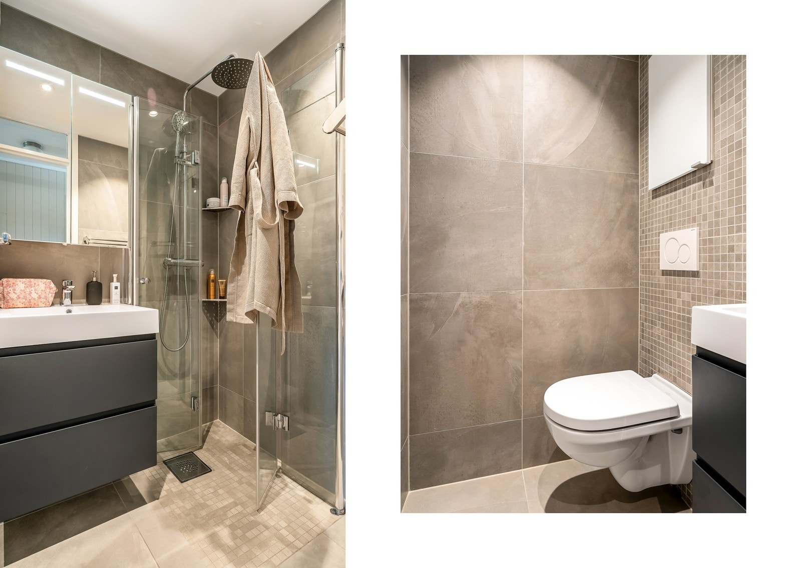 Badet, som var nytt i 2019, har flislagte overflater og behagelig gulvvarme. Øvrig innredning består av vegghengt toalett, nedfelt servant, skuffeseksjoner til oppbevaring av baderomsartikler og dusj m/innfellbare dører. Galleribilde