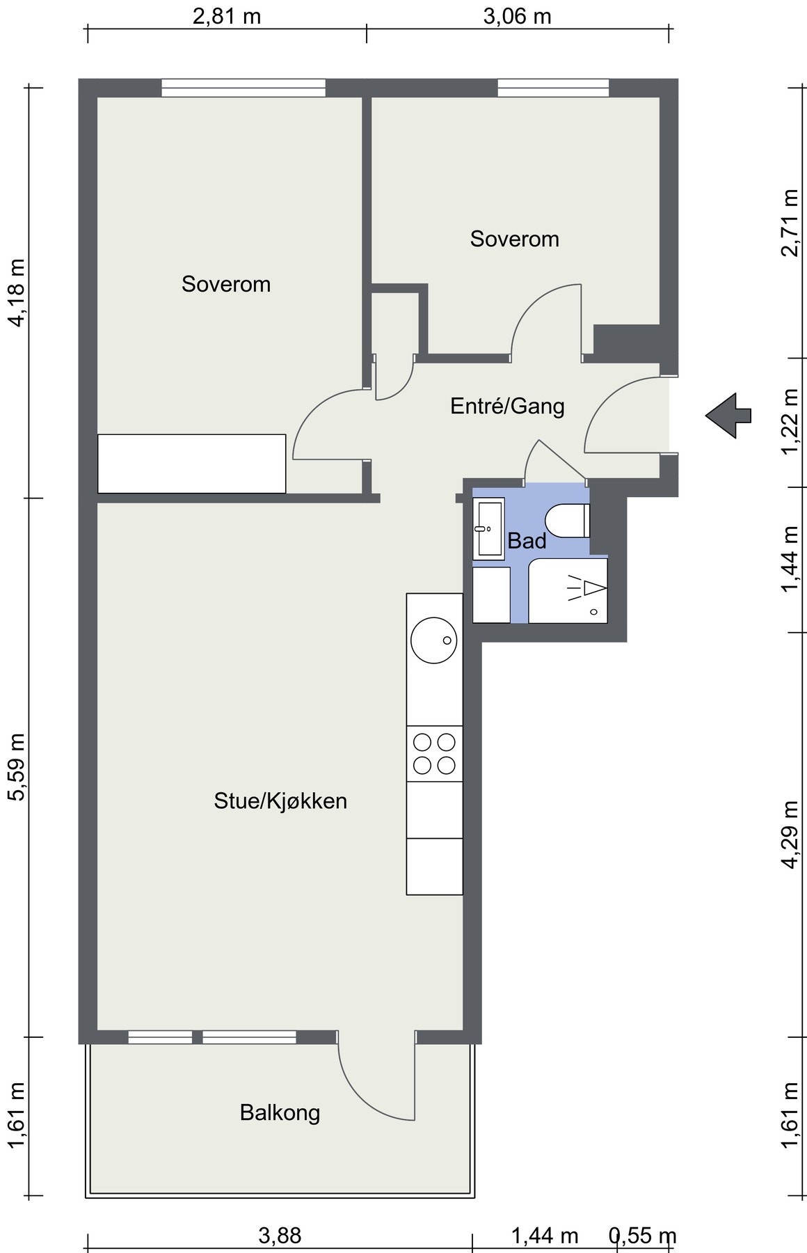 Det er flere i borettslaget som har flyttet kjøkkenet ut i stuen for å lage et soverom nr.2. Alternativ skisse som illustrasjon. Galleribilde