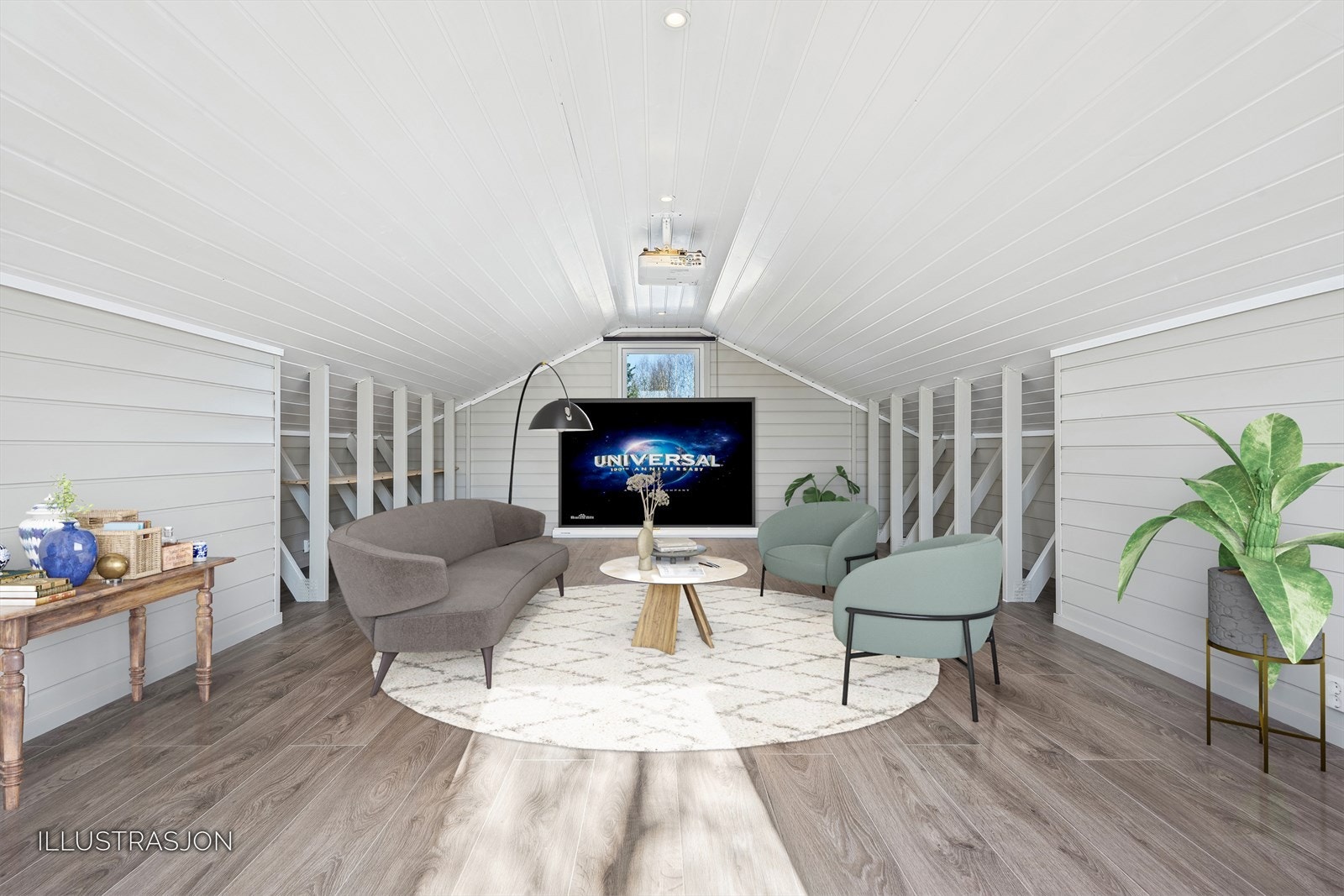 Hemsen over garasjen er isolert og det er lagt gulv, vegger og strøm. Flott rom for ungdommen i huset! Digitalt møblert. Galleribilde