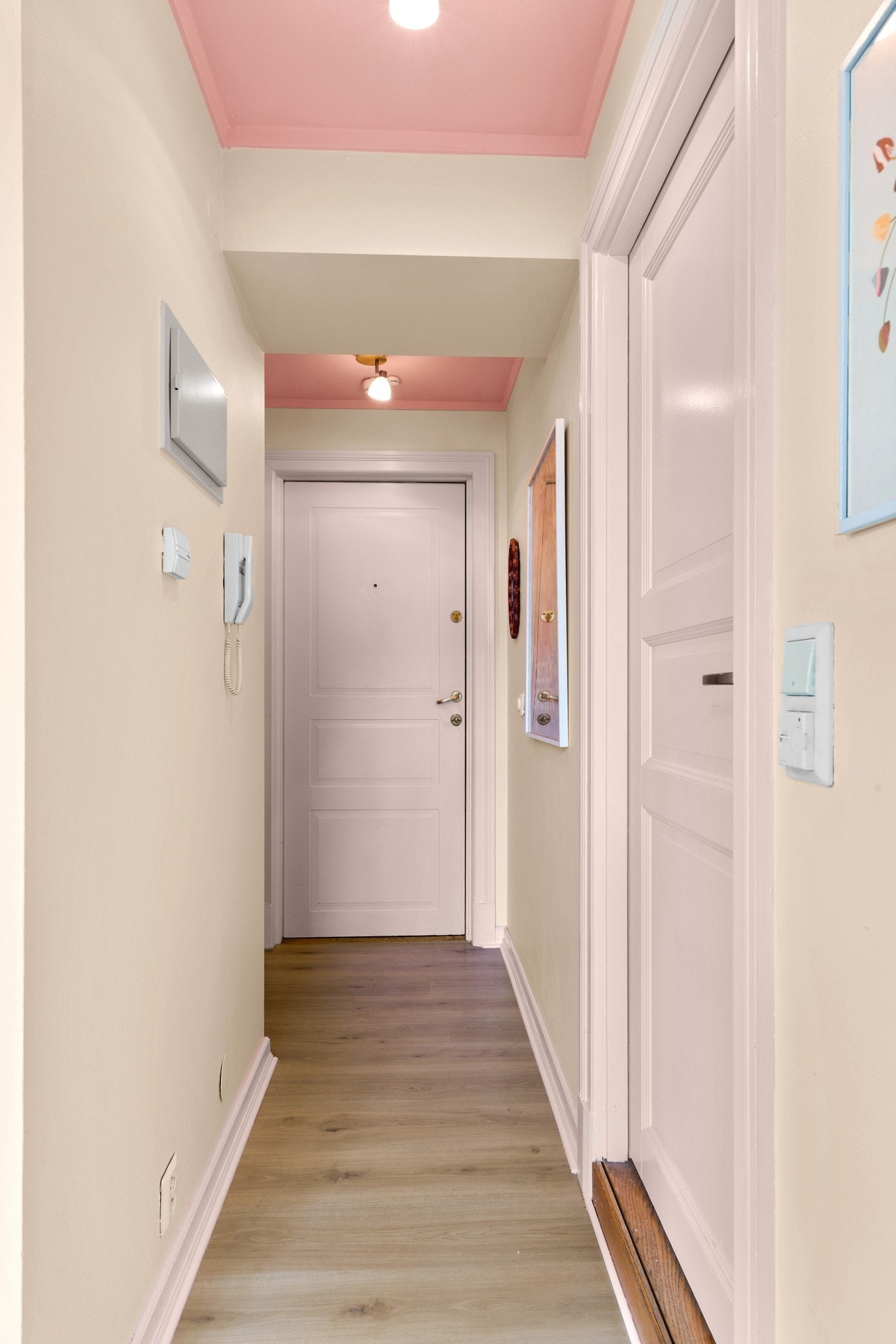 Innbydende entré holdt i et særegent og fantastisk fargevalg som også er gjennomgående for resten av leiligheten. Galleribilde