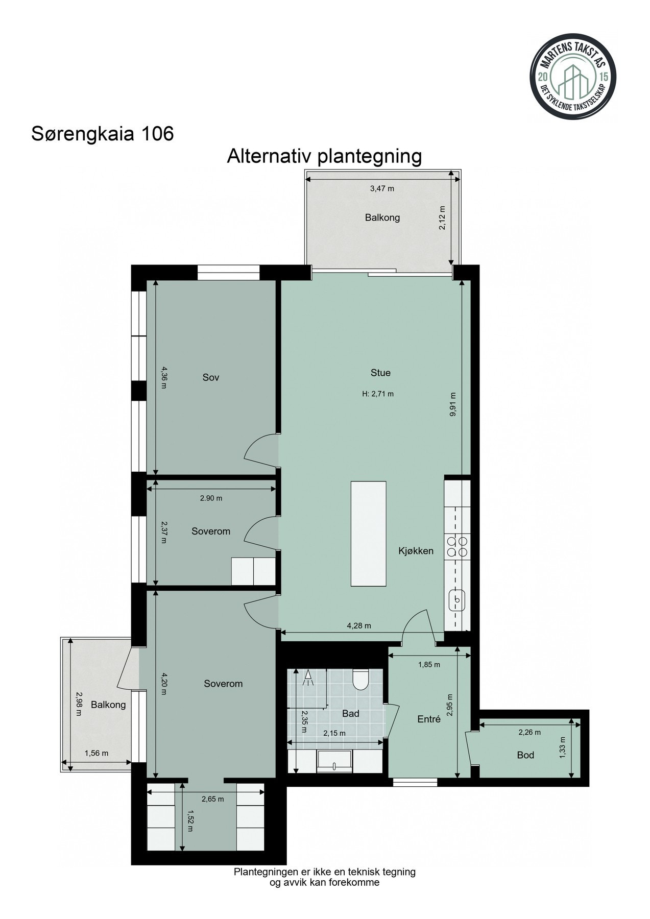 Leiligheten kan også gjøres om til en 4-roms - Alternativ planløsning med 3 soverom Galleribilde