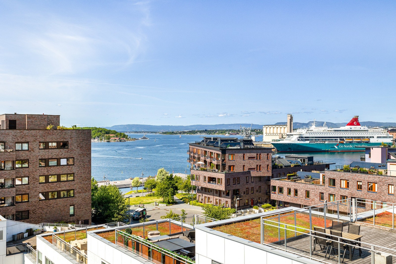 Panoramautsikt over fjorden, øyene og byens livlige havneområde. Galleribilde