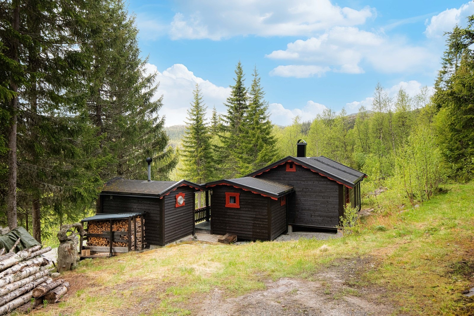 Det er bilvei helt frem og parkering ved hytte på egen tomt.
Om vinteren er det parkeringsmuligheter på parkeringsplass ikke langt fra hytta. Galleribilde