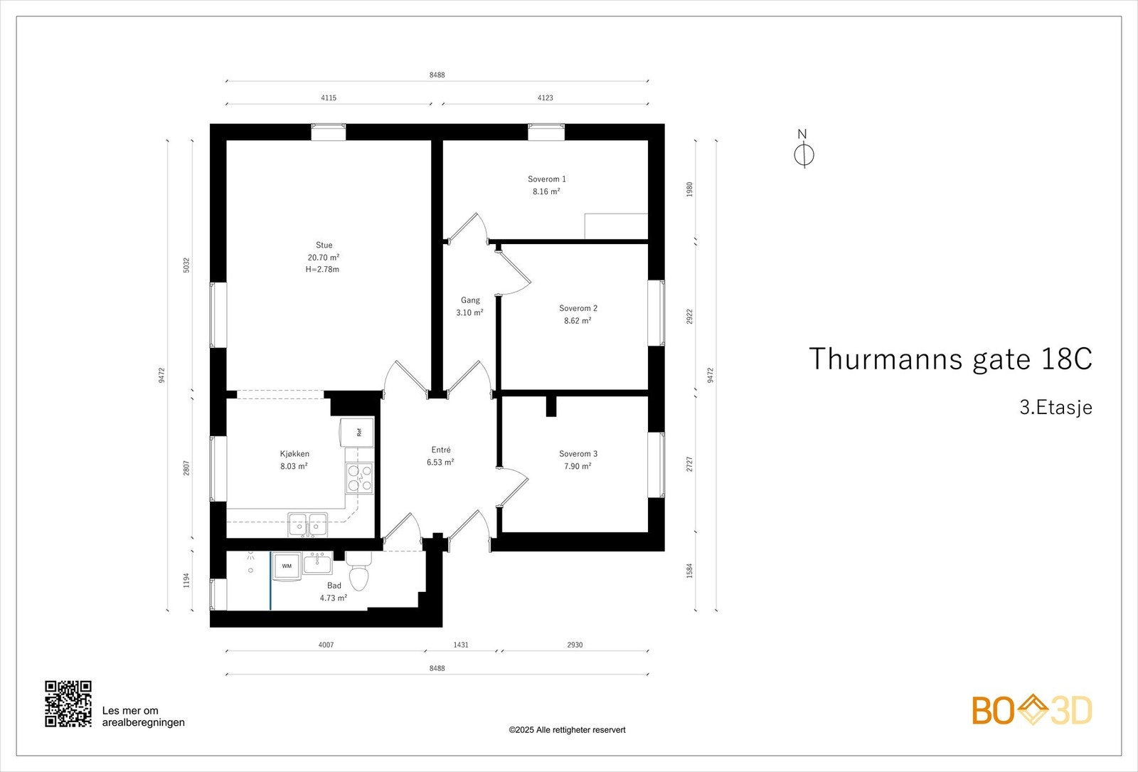 La oss ta en titt på boligens planskisse, slik at du får orientert deg før vi blar videre. I tillegg til innvendig areal, følger det også 3 boder med på totalt 14 kvm. Galleribilde