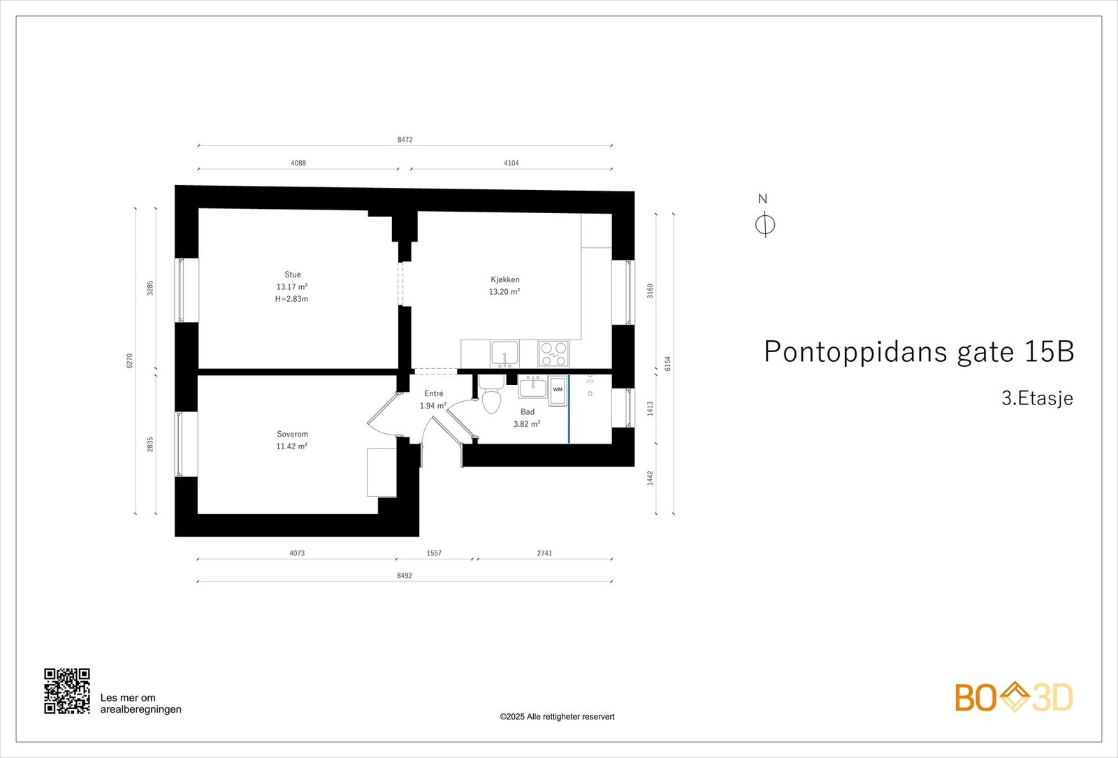 Vi kjører på med boligens planskisse med én gang, slik at du får orientert deg litt. I tillegg til innvendige arealer disponerer boligen 2 boder, målt til totalt 14 kvm. Galleribilde