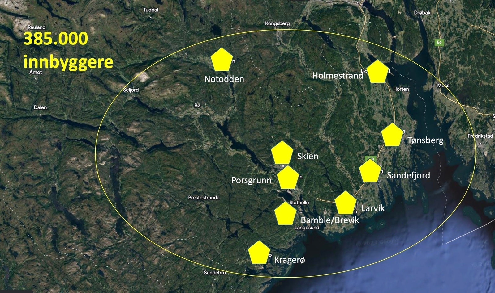 Det er 9 definerte handelspunkter i Vestfold og Telemark fylket, med Skien som regionsenter. Galleribilde