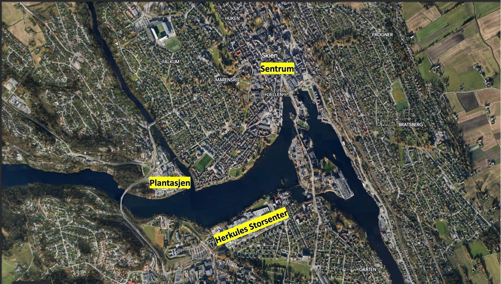 God beliggenhet tett på Rv 357, like utenfor bykjernen i Skien. Galleribilde