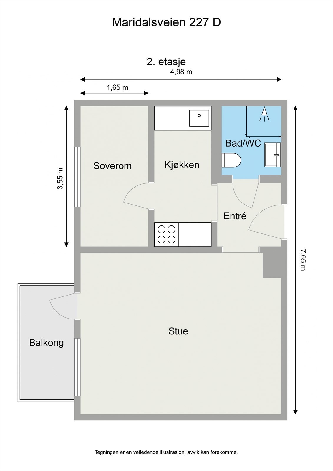 Leiligheten ligger i 2. etasje og inneholder entré, bad/wc, kjøkken, soverom og stue med utgang til balkong. I tillegg disponerer leiligheten én kjellerbod og én loftsbod. Galleribilde