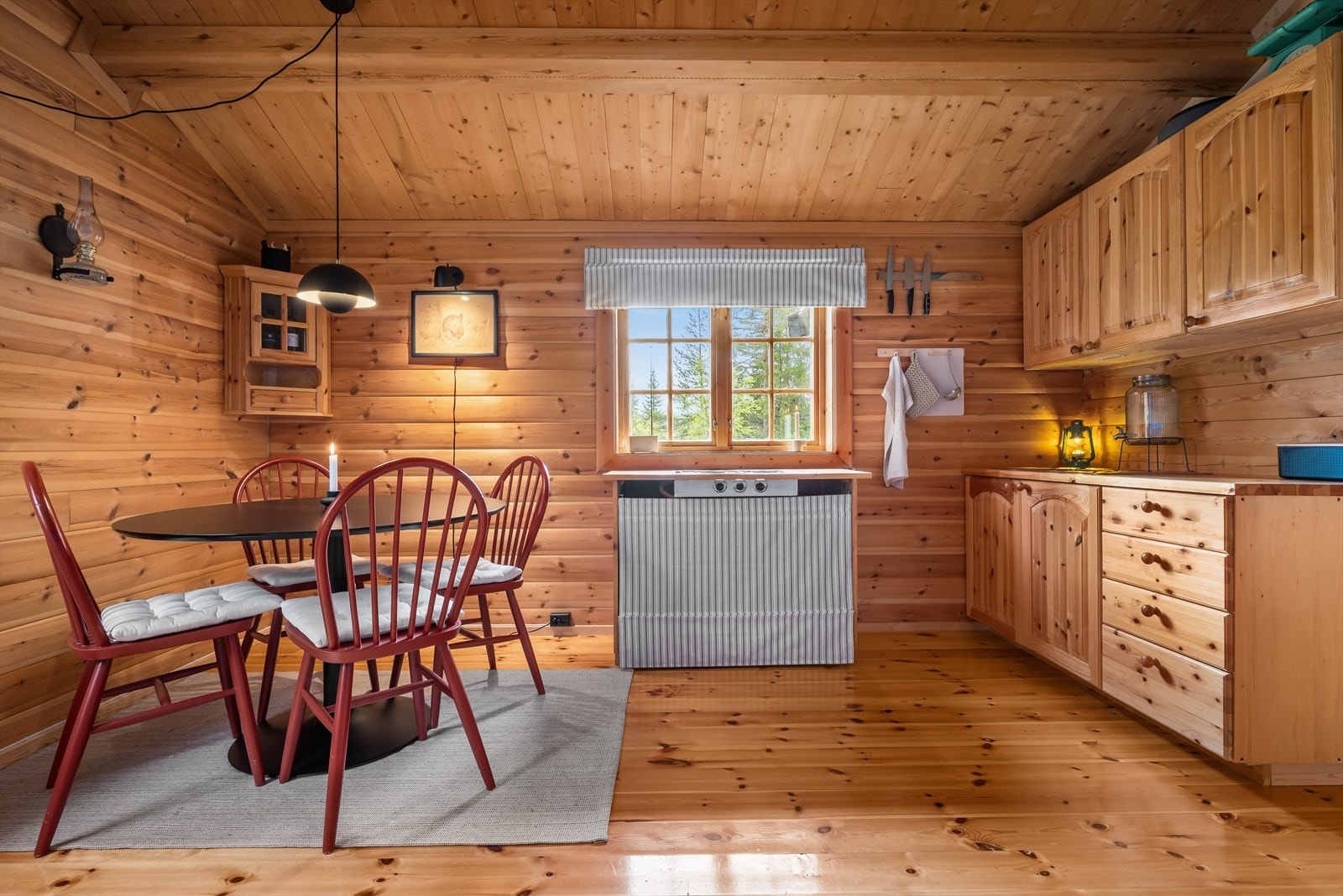 Tregulv og panel på vegger. Panel i himling. Enkel innredning med avløp og gassbluss Galleribilde