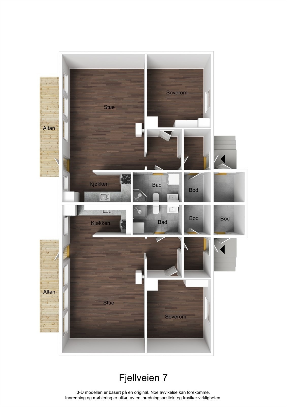 3D planillustrasjon av hele tomannsboligen på ett plan. Galleribilde