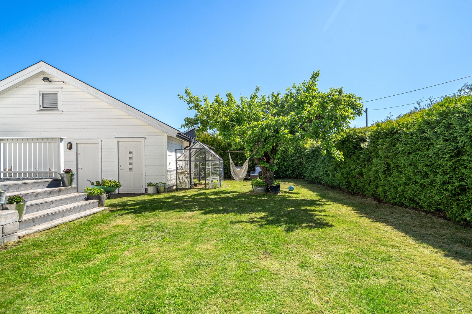 Flott, lettstelt hagetomt med hekk mot gaten Galleribilde