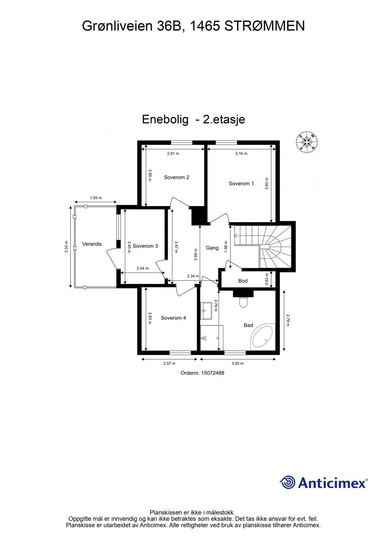 Dette er 2. etasje. Her ligger fire av boligens soverom, badet og utgang til veranda nummer to. Galleribilde