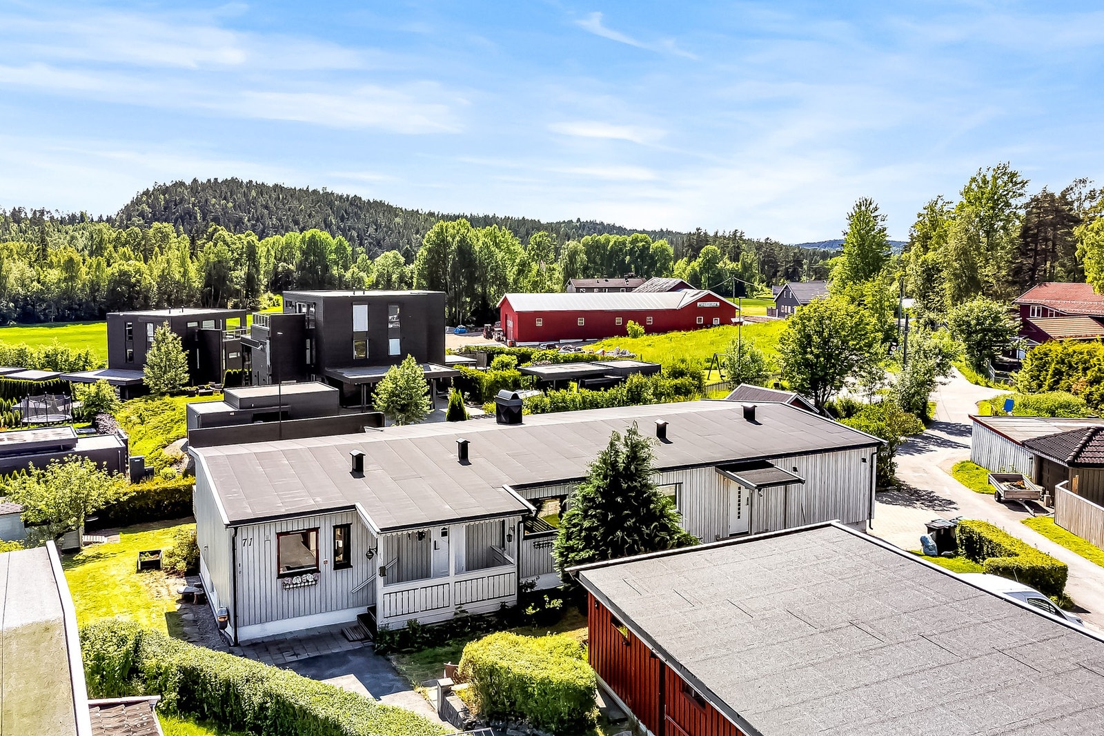 Eiet tomt med plen, asfalt og beplantning. Galleribilde