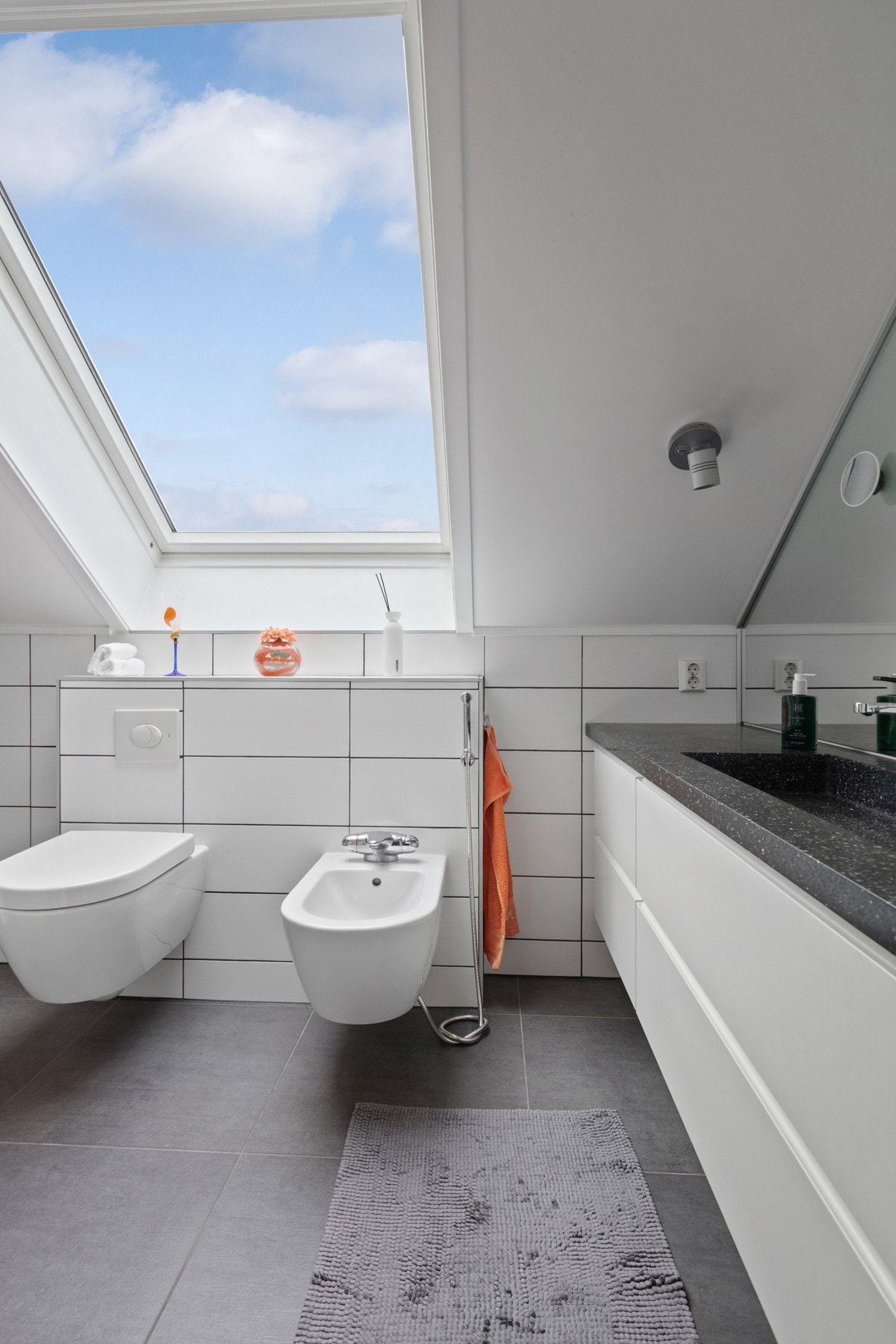 idere har badet bidét, vegghengt toalett og en dusjnisje med regnfallsdusj Galleribilde